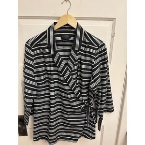 Pendleton Women's Black‎ Striped Wrap Tie Silk Blend Collared Blouse XL New $139